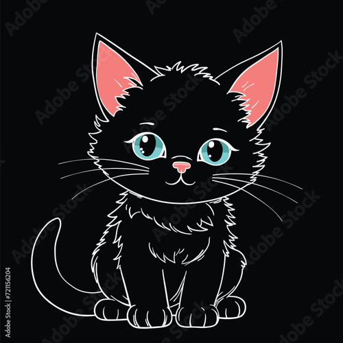 Cute black kitten hand drawn cartoon vector illustration, sketch for t-shirt graphics, fashion prints and other uses