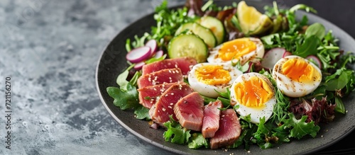 Tuna, egg, and greens on a gray plate, in a Nicoise salad.