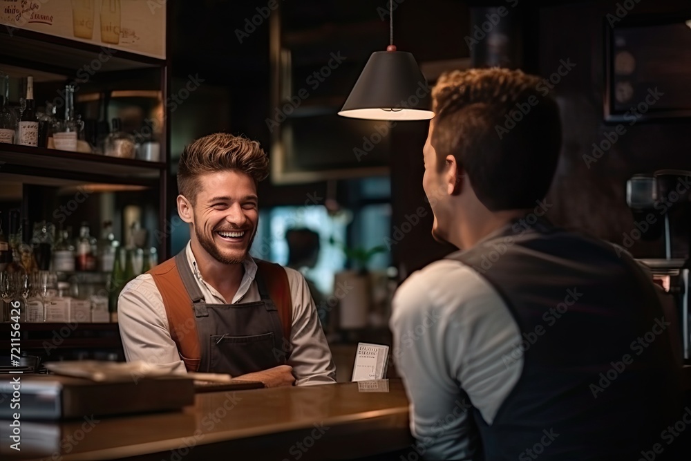 Friendly Bartender Engaging in Conversation with Customer at Cozy Bar