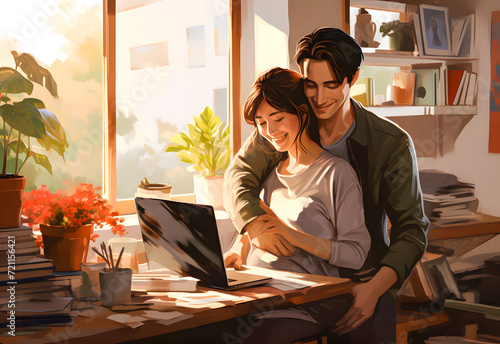 Happy young couple in love hugging and smiling while sitting in living room at home