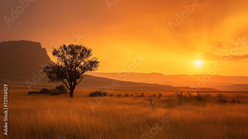 Burning savannah with orange sky in background