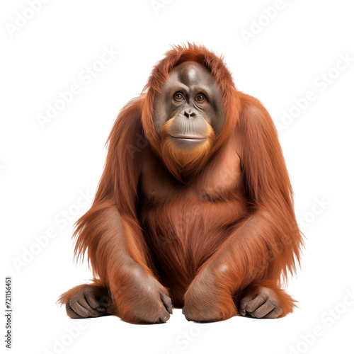 Majestic Primate: Orangutan Sitting Isolated on Transparent Background. Generative ai