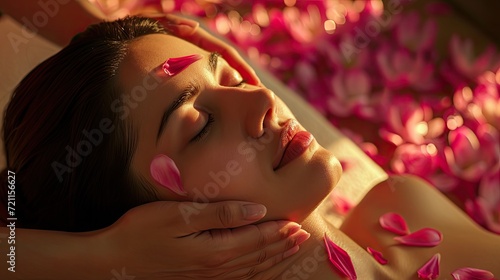 massage room,light form cndle,pink lotus petals,thai girls being head massaged,closeup shot,portait,realistic 