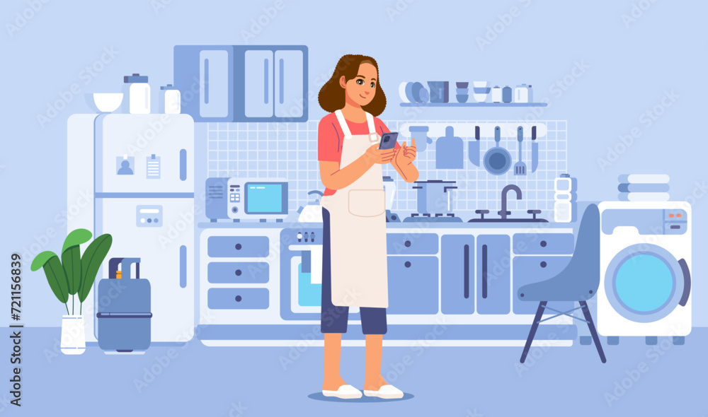 Housewife standing in the kitchen using smartphone cellphone