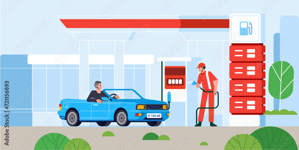 Man drive cars to Gas station employe in uniform fueling car at petrol station