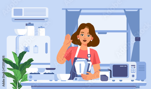 Happy modern housewife cooking food meals for breakfast or lunch at kitchen home