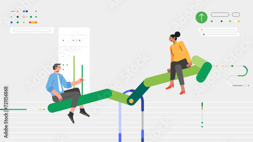 man and woman entrepreneurs on seesaw graph chart up and down of business growth