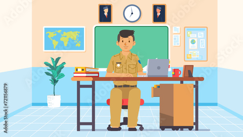 Indonesian Male civil servant employee in uniform sitting working in his office room with laptop and documents