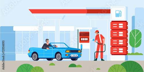 Man drive cars to Gas station employe in uniform fueling car at petrol station