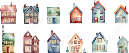 Set of watercolor cute house illustrations on white background.