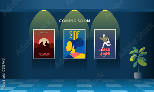 Movie poster display in cinema theater on wall spotlight coming soon interior