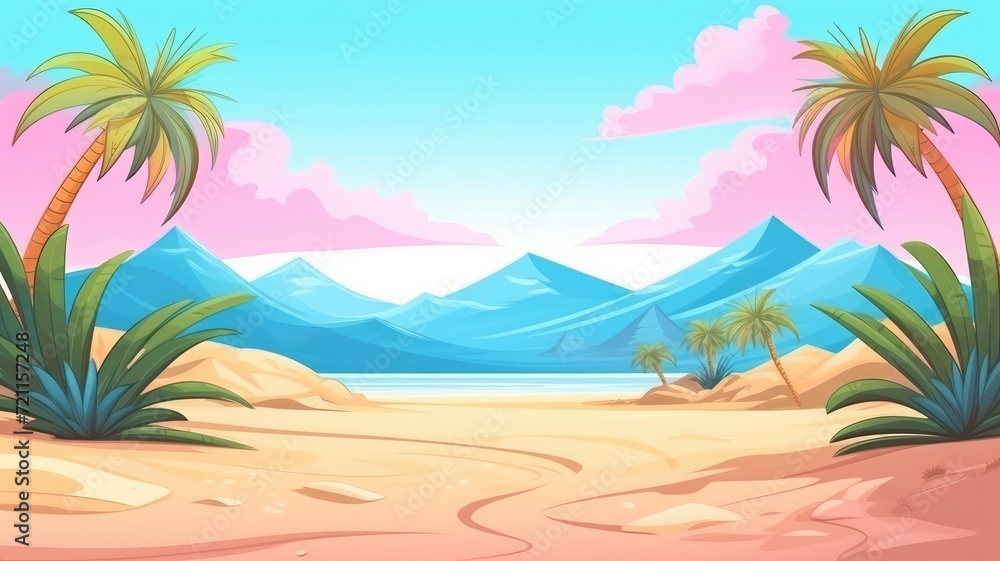 Cartoon nature sand desert landscape with palms, herbs and mountains.