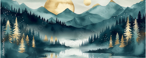 Watercolor Abstract mountains. Aesthetic minimalist boho landscape  style of dark teal and light gold texture background wallpaper. illustration for prints wall arts and canvas. photo