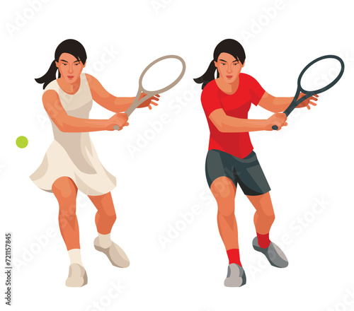 Two girl figures of an Asian women's tennis player in a red and white uniform standing straight and rushing forward to hit the ball with a racket