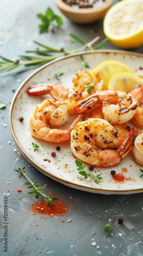 Grilled shrimp with lemon and spices, beautiful serving dishes, restaurant, homemade food, grilled seafood. Grilled shrimp with lemon and spices, beautiful serving dishes, restaurant, homemade food, grilled seafood.
