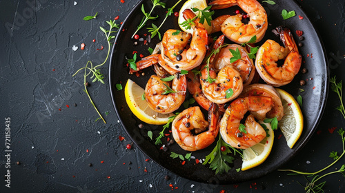 Grilled shrimp with lemon and spices, beautiful serving dishes, restaurant, homemade food, grilled seafood.