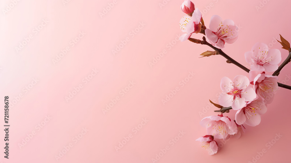 Almond sprig in minimalist style, on peach background, with space for text, banner. Spring postcard.
