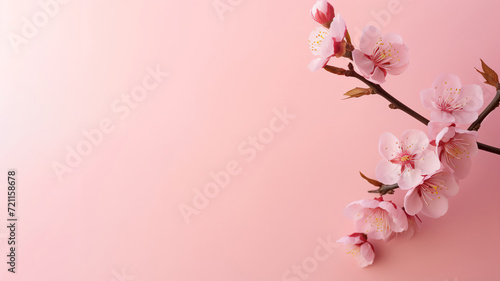 Almond sprig in minimalist style, on peach background, with space for text, banner. Spring postcard. © Наталья некрасова