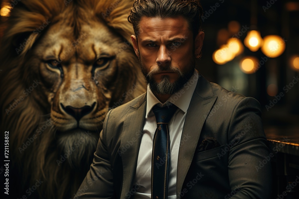Confident businessman facing the lion