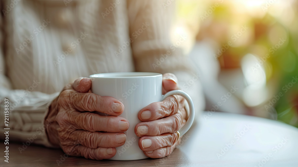 Old female hands holding coffee or tea cup Old female hands holding coffee or tea cup