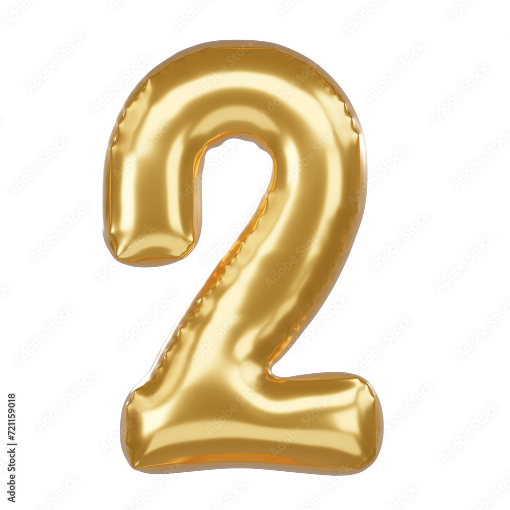 Number 2 3D Illustration in golden balloon style
