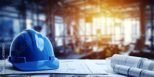 Construction safety helmet and civil engineering plans spread out on the workbench. A building with construction scaffolding is visible in the blurred background. photo