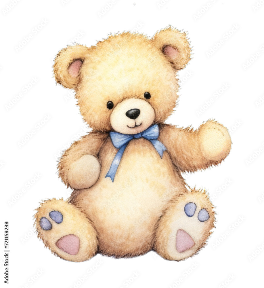 Watercolor teddy bear with a blue bow tie on a transparent background.