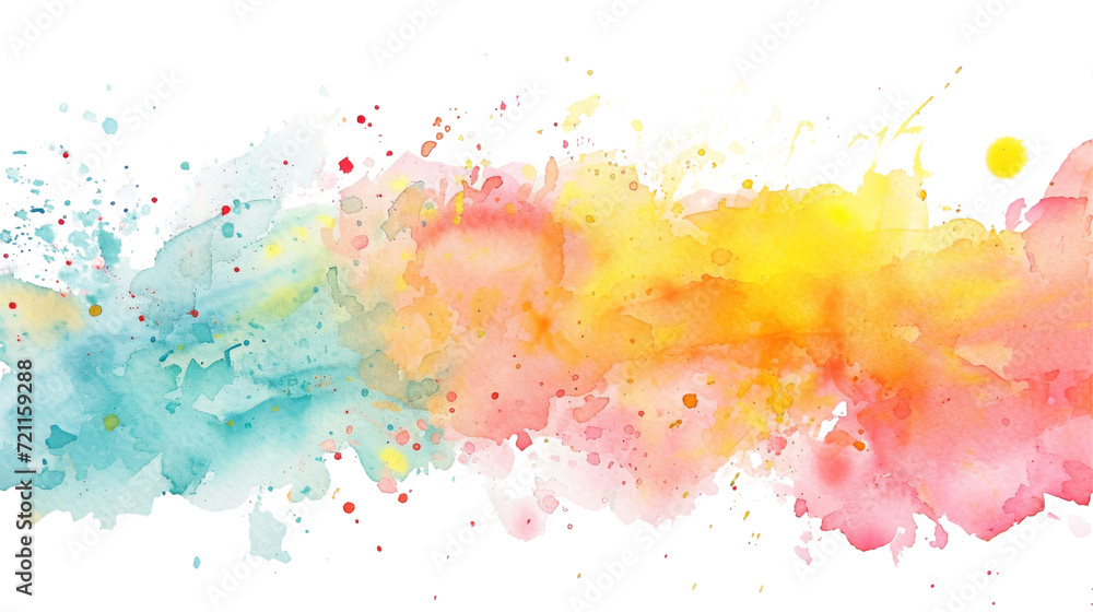 Colorful watercolor paint splashes blending on white paper, creating a vivid spectrum.