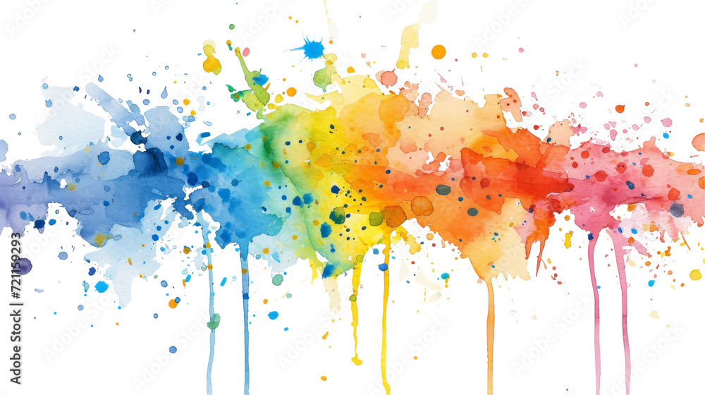 Fototapeta premium Colorful watercolor paint splashes blending on white paper, creating a vivid spectrum.
