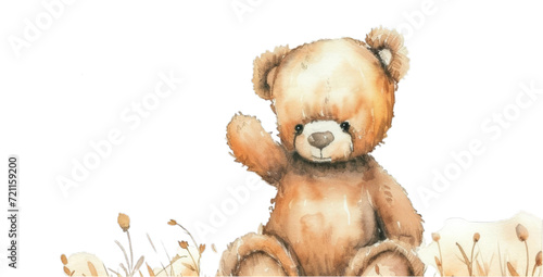 Watercolor teddy bear with a blue bow tie on a transparent background.