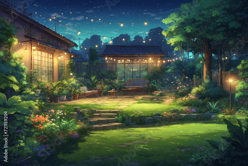 Back garden with green plants and neat grass at night with garden lights in anime style