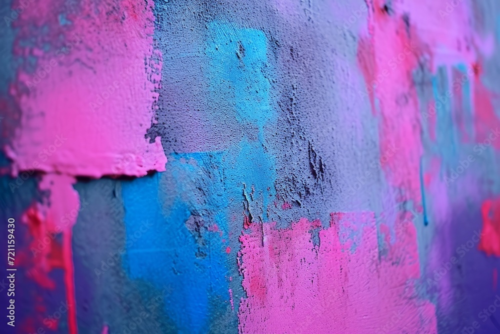 Messy paint strokes and smudges on an old painted wall. Pink, purple, blue color drips, flows, streaks of paint and paint sprays, Generative AI
