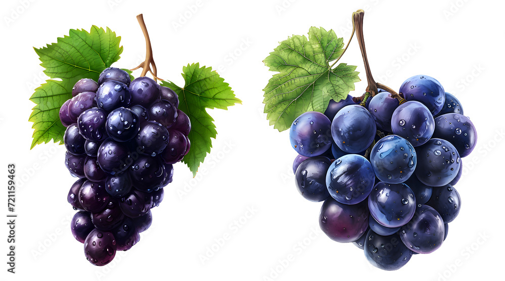 Obraz premium Bunch of black grapes with green leaves isolated on transparent background.