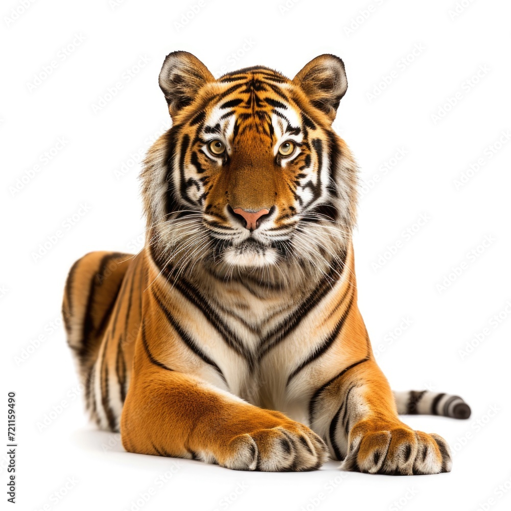 Bengal Tiger in natural pose isolated on white background, photo realistic