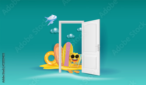 Concepts of summer holidays, open door, travel, sea holidays.
Planning vacations and vacations. 3d vector illustration.