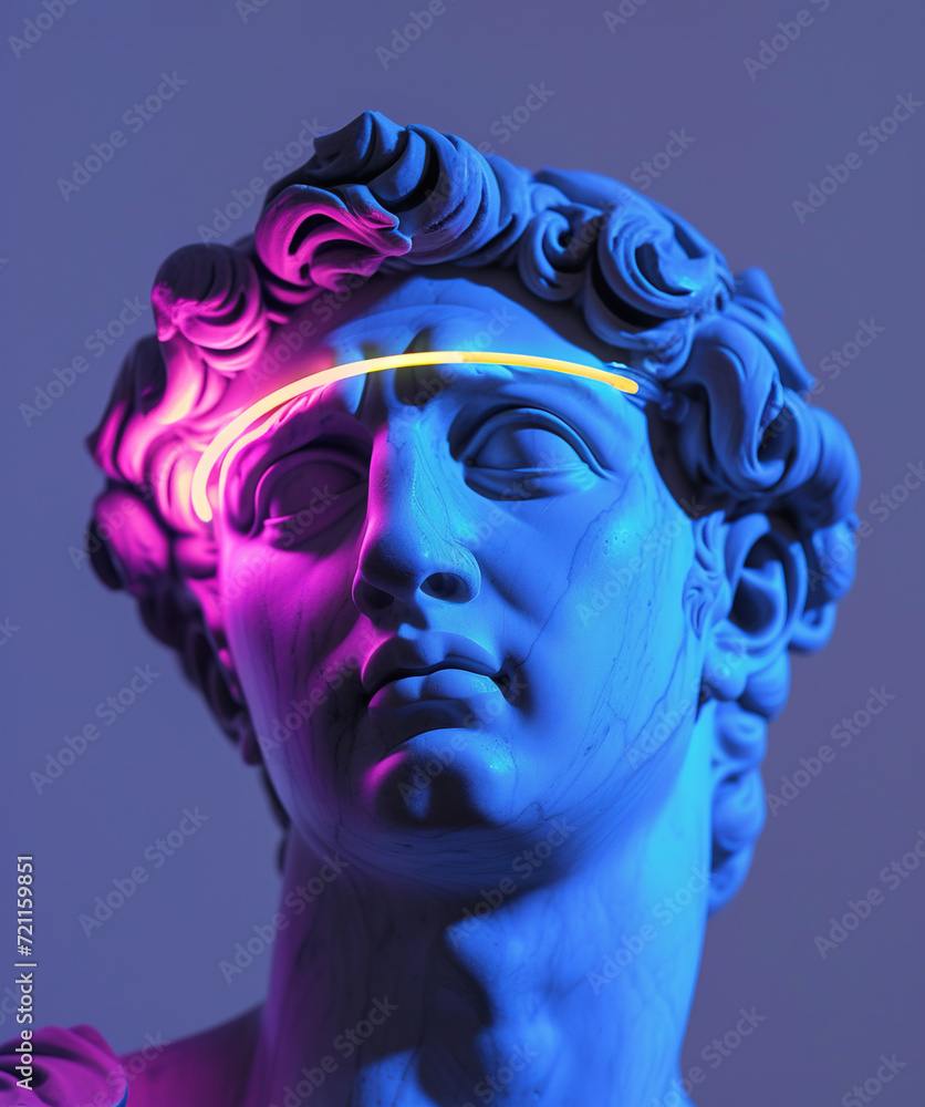 Obraz premium Ancient Greek sculpture of a man with neon wire light