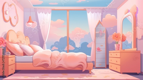 cartoon Cozy interior bedroom with bed  wardrobe  bedside tables  mirrored  alarm clock  vase  chandeliers.