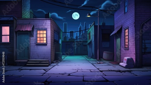cartoon illustration Dark back street alley with a door to a bar, photo