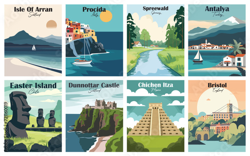 Antalya, Turkey. Bristol, England. Chichen Itza, Mexico. Dunnottar Castle, Scotland. Easter Island, Chile. Isle Of Arran, Scotland. Procida, Italy. Spreewald, Germany.