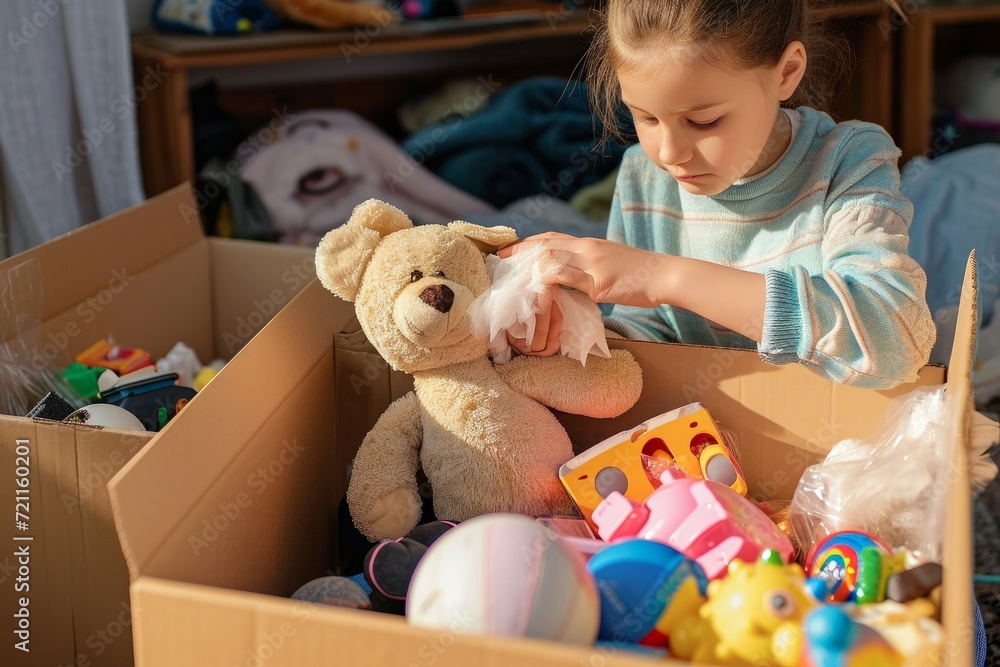 Teenager sorting and collect kid toys, clothes into boxes at home. Donations for charity, help low income families, declutter home, sell online, moving into new home, recycling, Generative AI - obrazy, fototapety, plakaty 