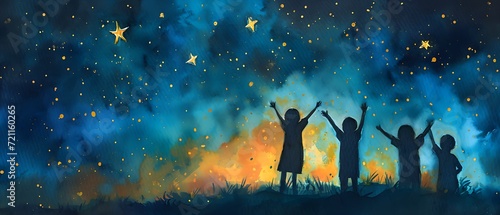 Children raise their arms and hands to the starry sky at night. Concept every child needs a future, charity,  volunteer work. Dreams will come true, silhouette illustration.