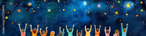 Children raise their arms and hands to the starry sky at night. Concept every child needs a future, charity,  volunteer work. Dreams will come true, silhouette illustration.