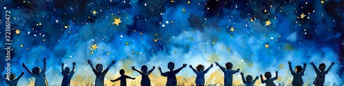 Children raise their arms and hands to the starry sky at night. Concept every child needs a future, charity, volunteer work. Dreams will come true, silhouette illustration.