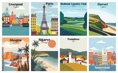 Algarve, Portugal. Pamplona, Spain. Amsterdam, Netherlands. Dorset, England. Liverpool, England. Medinah Country Club. Paris, France.