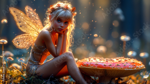 Beautiful young fairy nymph sitting on a toadstool in a magical enchanted forest photo