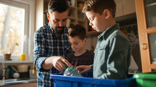 Father teaching son to throw garbage in recycling