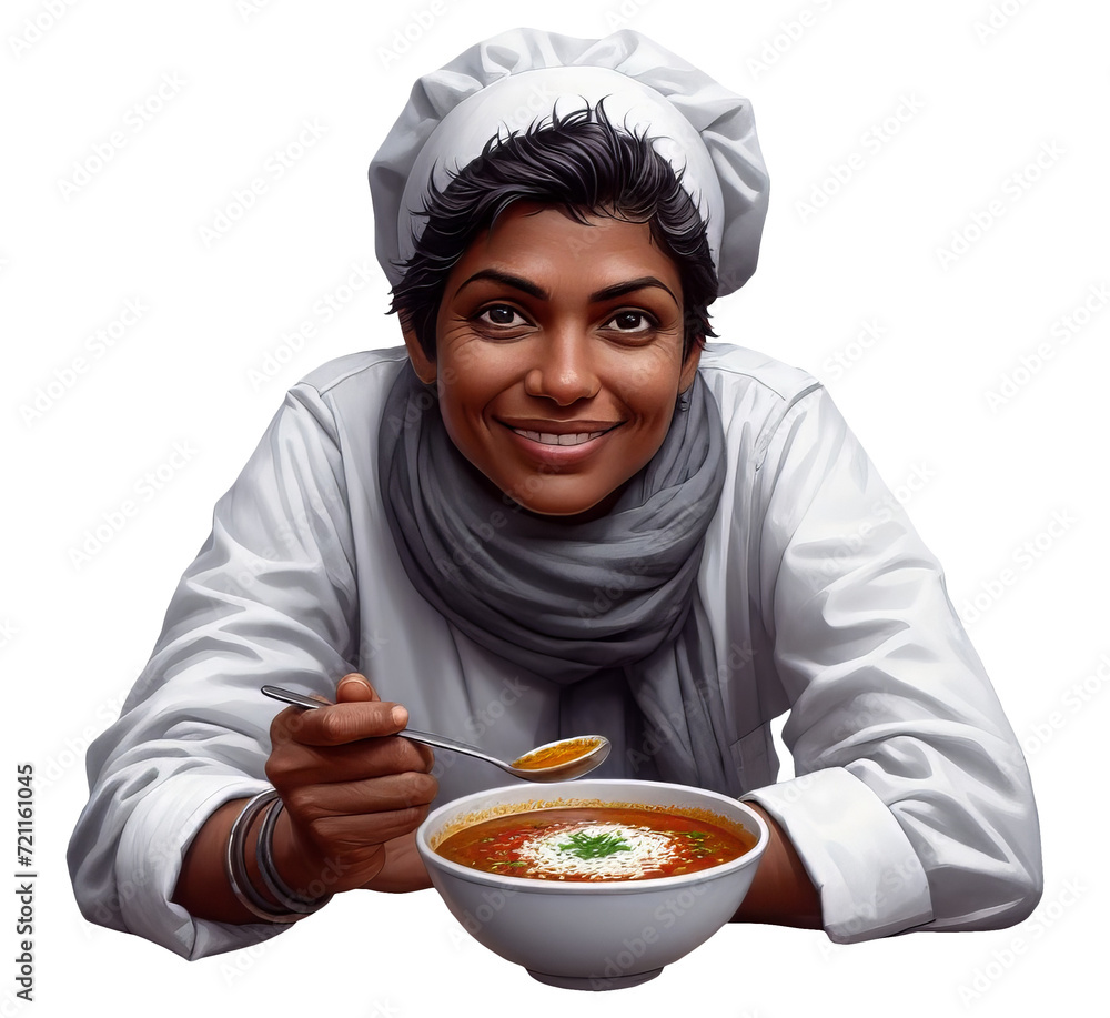 A beautiful female Chef from India enjoying a bowl of Makai Shorba isolated on a transparent background A beautiful female Chef from India enjoying a bowl of Makai Shorba isolated on a transparent background