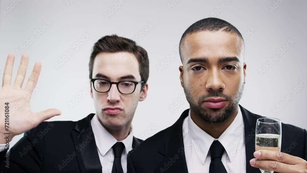 Young men, moody and champagne in studio for goofy game, joke and lip movement for crazy humour. Friends, diversity or dance at celebration with alcohol or bored at party event by white background Young men, moody and champagne in studio for goofy game, joke and lip movement for crazy humour. Friends, diversity or dance at celebration with alcohol or bored at party event by white background