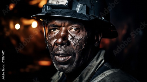 Portrait of a dirty African man working in a Cole mine. Man working a dangerous job in a toxic environment. Low paying job in a harsh environment. African guy exploited as a cheap labor force.