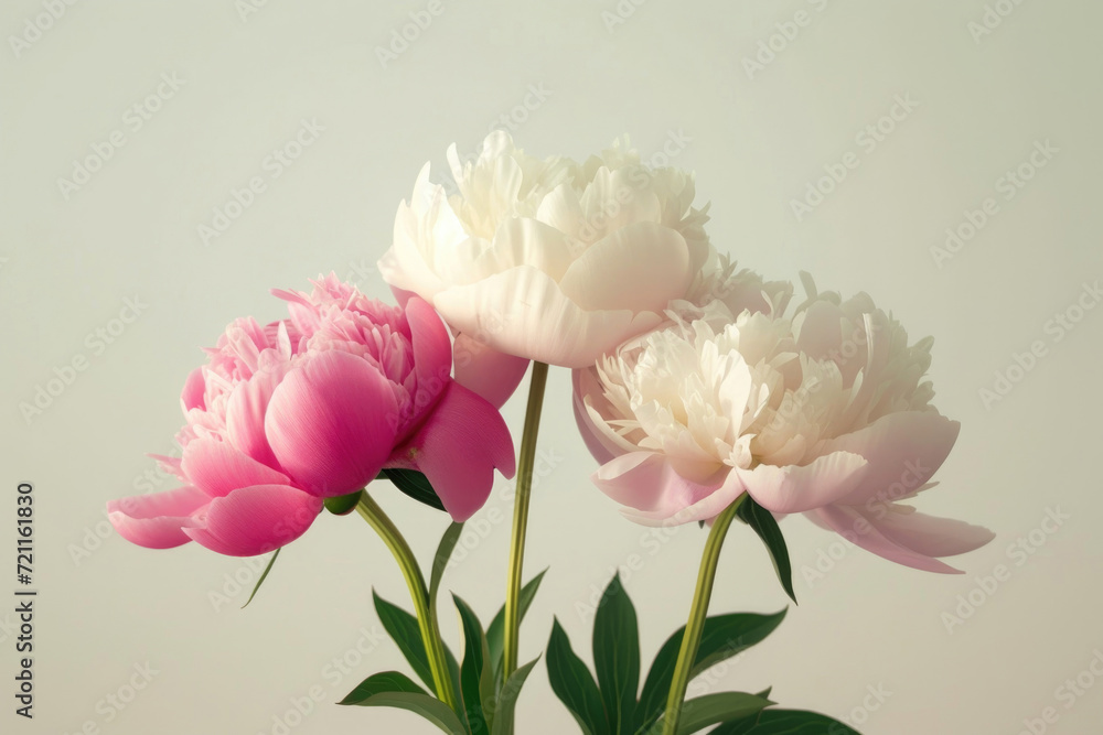 A modern and elegant composition featuring a trio of peonies against a clean backdrop